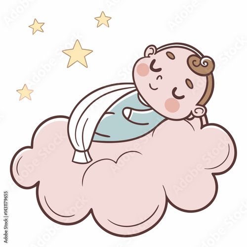 Cute baby sleeping on a cloud isolated. Concept of newborn comfort sleep. Vector illustration