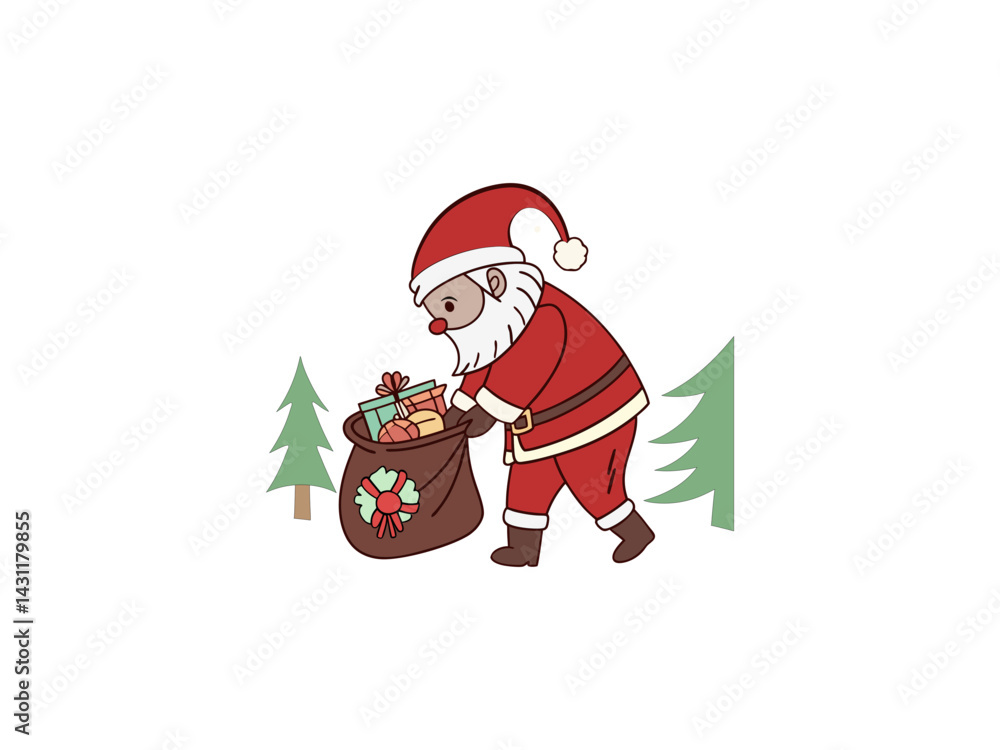 Obraz premium A cartoon depiction of Santa Claus walking across a snowy landscape, carrying a large sack filled with gifts.