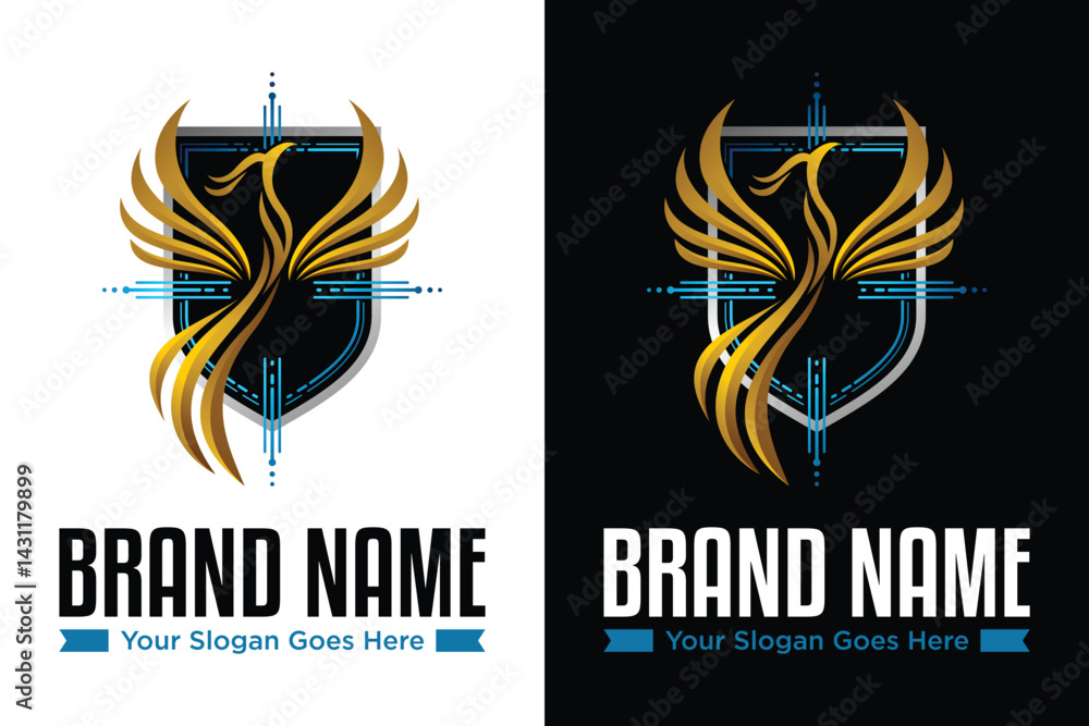Obraz premium simple modern phoenix bird with shield illustration vector logo design