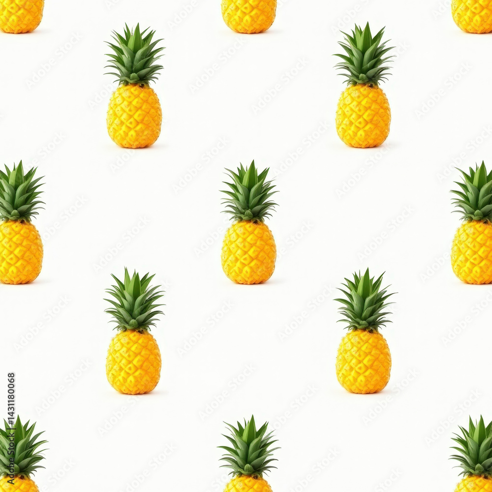 A seamless photorealistic pineapple pattern with vibrant yellow and green pineapples evenly spaced on a clean white background A seamless photorealistic pineapple pattern with vibrant yellow and green pineapples evenly spaced on a clean white background