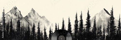 Creative Vinyl Record Design Featuring Pine Trees and Snowy Mountains, Capturing the Essence of Nature Through Music in a Unique Way Generative AI
