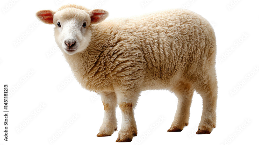 Fototapeta premium Lamb Portrait: A charming lamb, showcasing its soft woolly coat and innocent gaze, stands out in a delightful portrait, evoking a sense of tranquility.