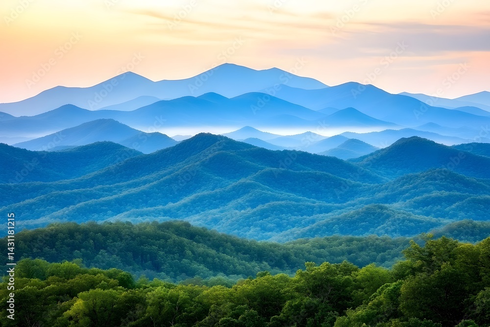 Fototapeta premium Serene Blue Ridge Mountains at Sunrise Majestic Peaks and Lush Forests