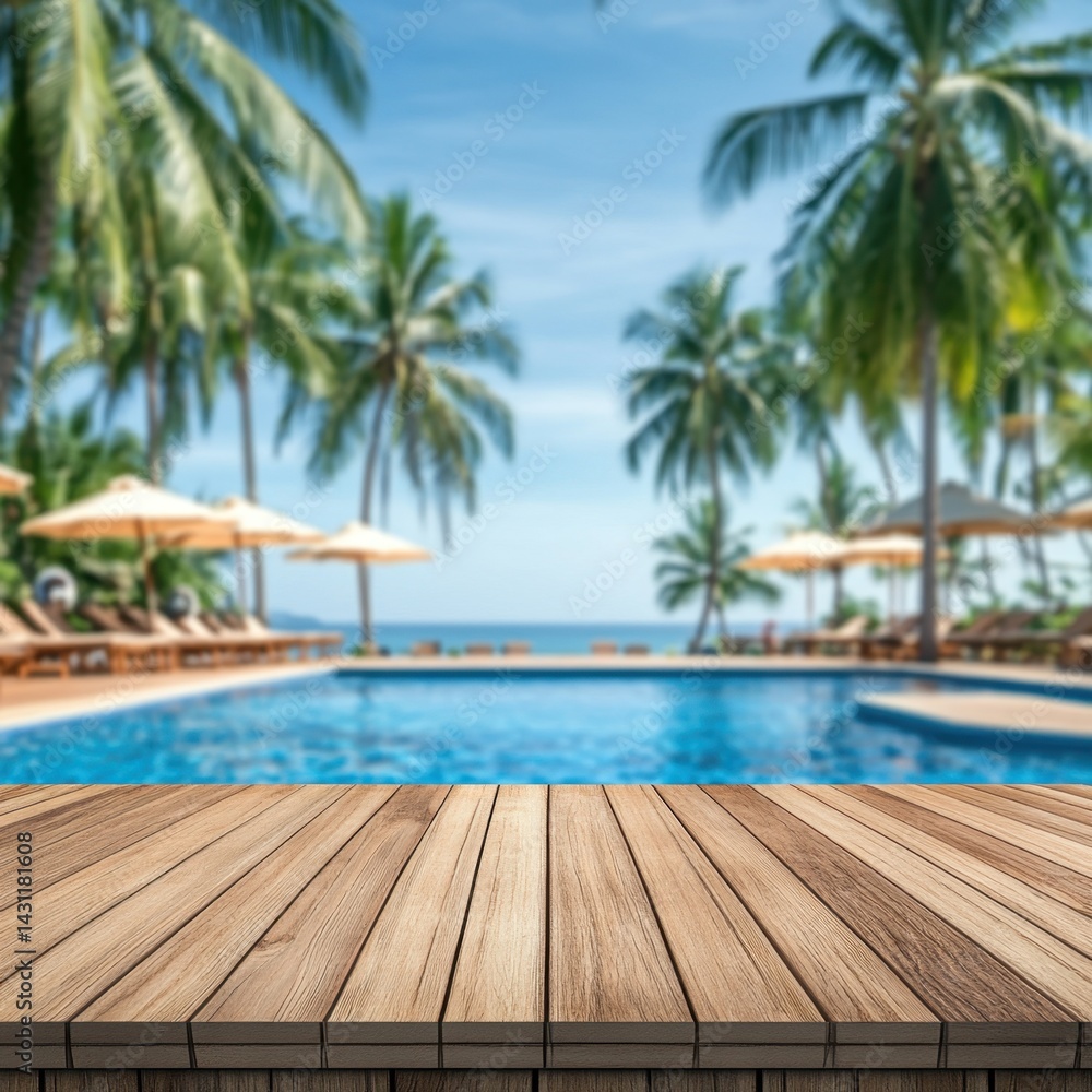 Serene tropical resort scene featuring a wooden deck overlooking a sparkling pool surrounded by palm trees under a clear blue sky