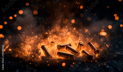 A pile of burning, scattered bullets on the ground, with smoke and flames rising from them. 