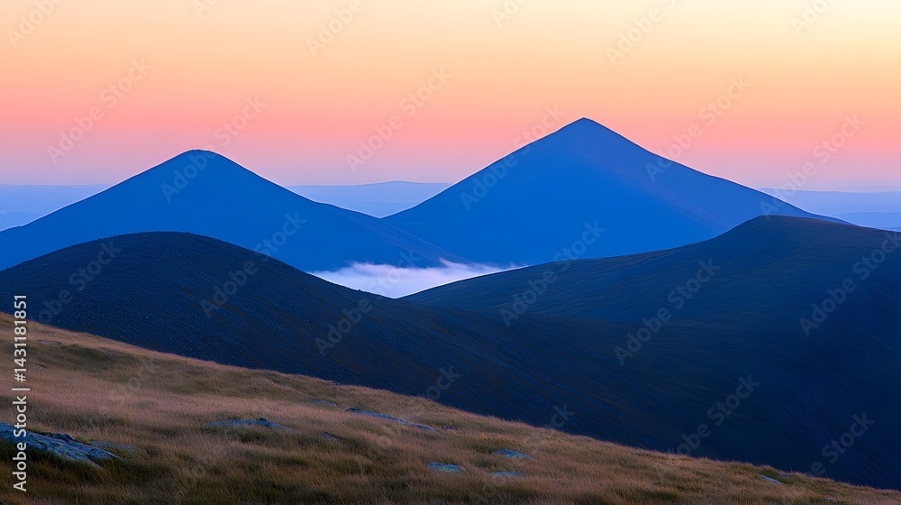 Fototapeta premium Majestic Mountains at Dawn Serene Landscape of Blue Peaks and Grassy Hills