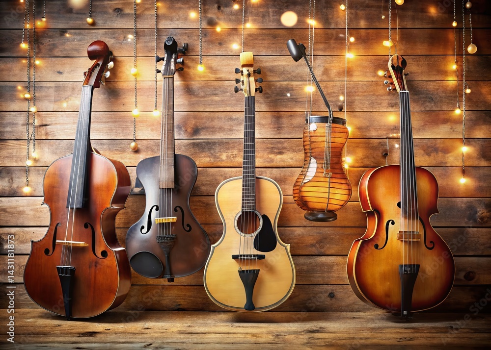 Fototapeta premium Bokeh Wall Decor: Musical Instruments Hanging in Music Studio or Store