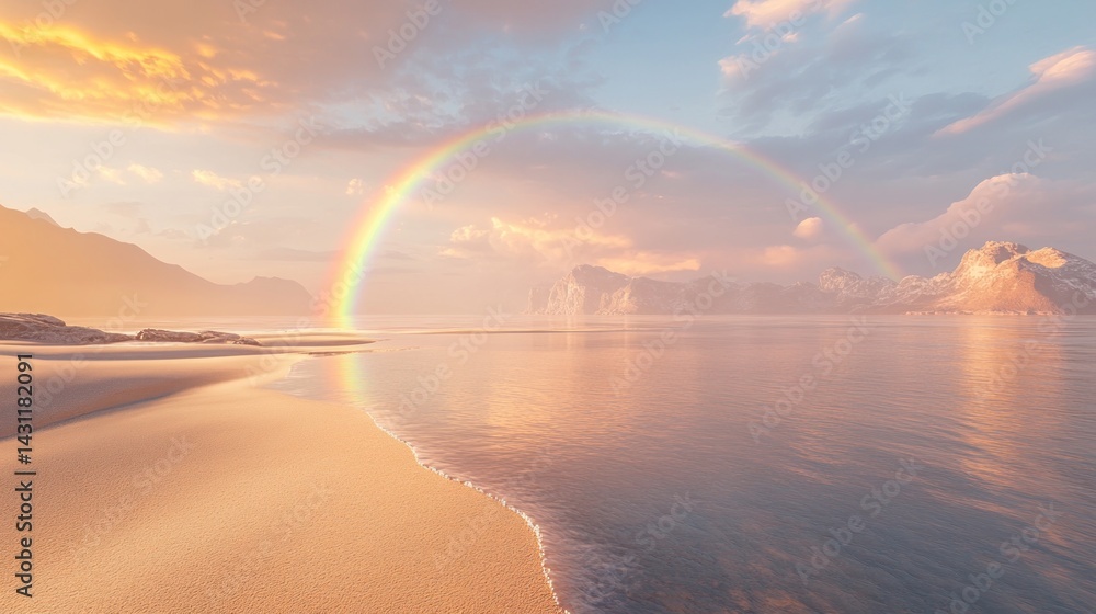 Serene sunset beach scene with rainbow Serene sunset beach scene with rainbow