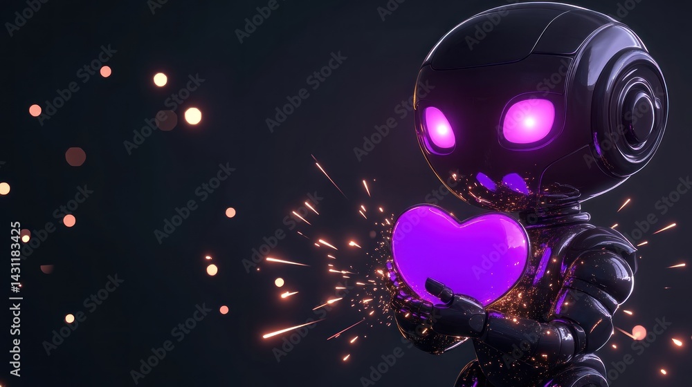 A futuristic robot holds a glowing heart, surrounded by sparks A futuristic robot holds a glowing heart, surrounded by sparks
