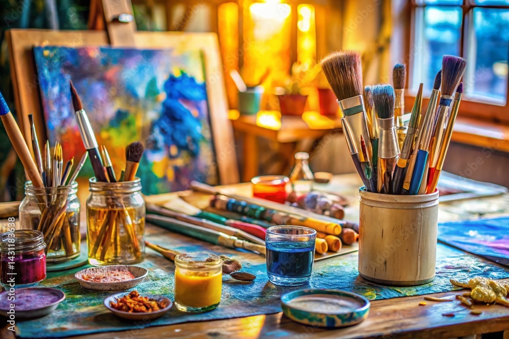 Fototapeta premium Candid Photo: Colorful Paintbrushes & Poster Paints Art Supplies