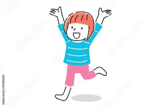 両手を上げて喜ぶ女の子のイラスト　手描きタッチ