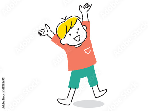 両手を上げて喜ぶ男の子のイラスト　手描きタッチ