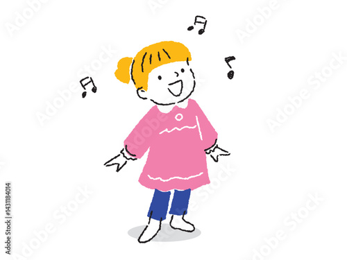 元気に楽しく歌を歌う女の子のイラスト　手描きタッチ