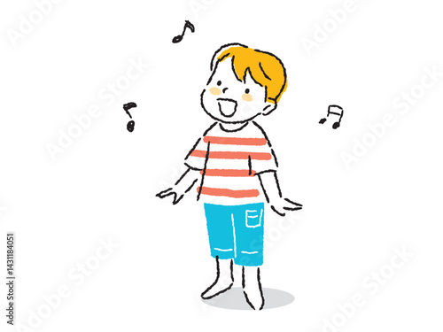 元気に楽しく歌を歌う男の子のイラスト　手描きタッチ