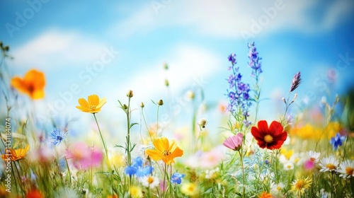 Vibrant wildflower meadow under a vibrant blue sky