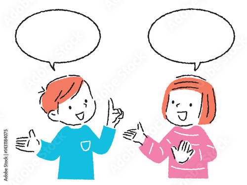 仲良く会話をする男女の子どもと吹き出しのイラスト　手描きタッチ