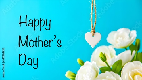 Alles Liebe zum Muttertag. Grußkarte mit englischem Text. Blumenstrauß mit weißen Rosen isoliert auf blauem Hintergrund.