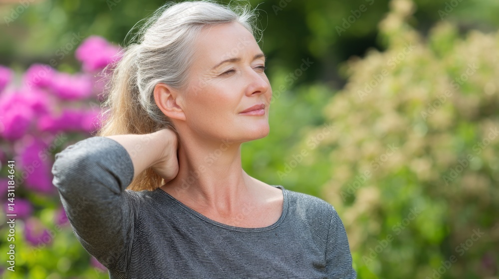 Mature woman relaxing in garden enjoying summer serenity Mature woman relaxing in garden enjoying summer serenity