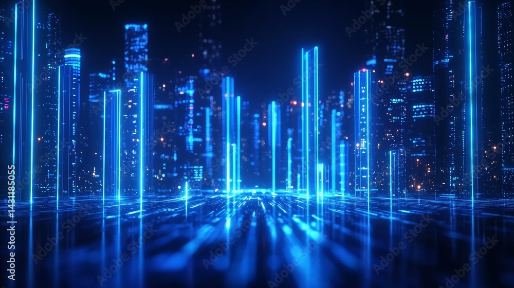 Fototapeta premium Futuristic Cityscape Neon Lights Digital Skyline Night View