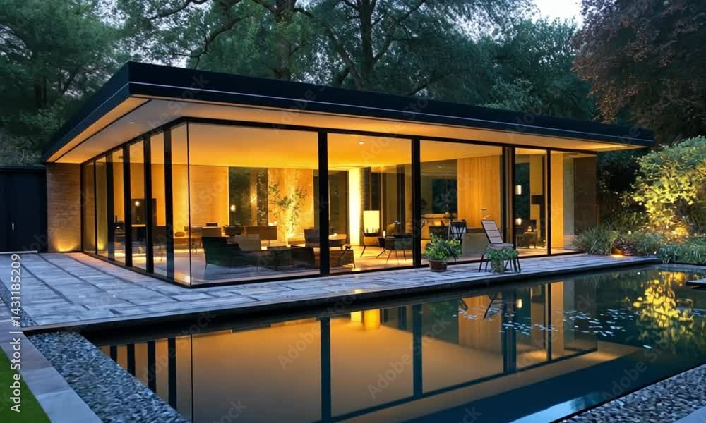 resort with swimming pool and yellow light interior