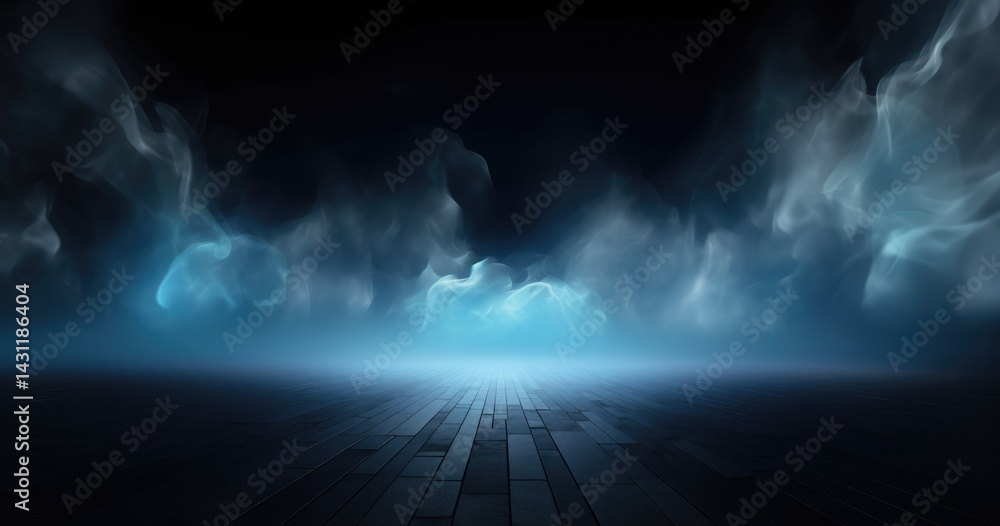 Obraz premium Abstract dark background with glowing blue light, smoke and reflection on the asphalt floor. Dark scene for product display presentation design vector illustration.
