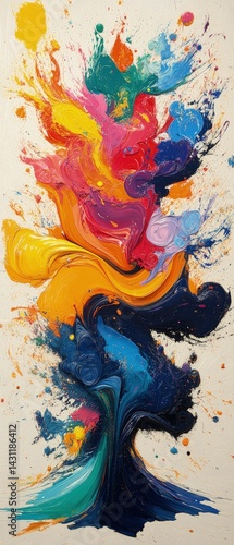 Abstract colorful paint splash art on canvas with a light background.