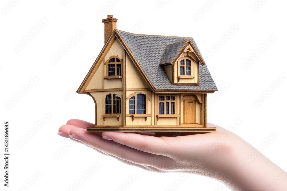 A hand holding a wooden model house, symbolizing home ownership and real estate opportunities in a serene setting. on transparent background A hand holding a wooden model house, symbolizing home ownership and real estate opportunities in a serene setting. on transparent background