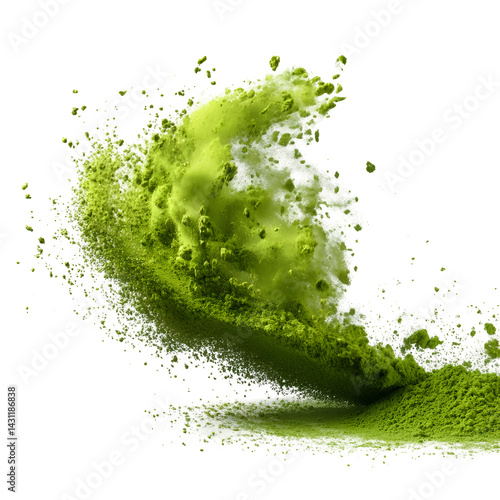 Matcha green powder flying, isolated on white background, clipping path --v 7.0