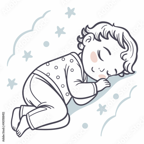 Infant baby boy sleeping, isolated babies on white background, flat vector illustration,nursery,baby showe, Design for prints, fabrics and textiles