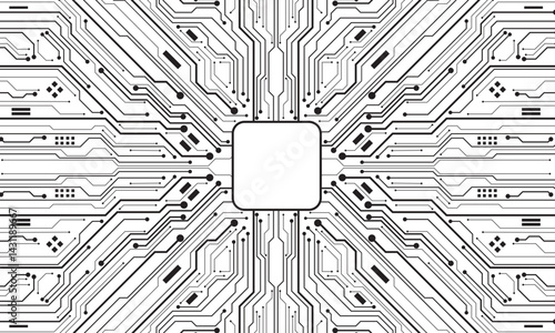 Abstract black circuit board technology connected lines electronics elements computer motherboard chip processor semiconductor digital on white background vector