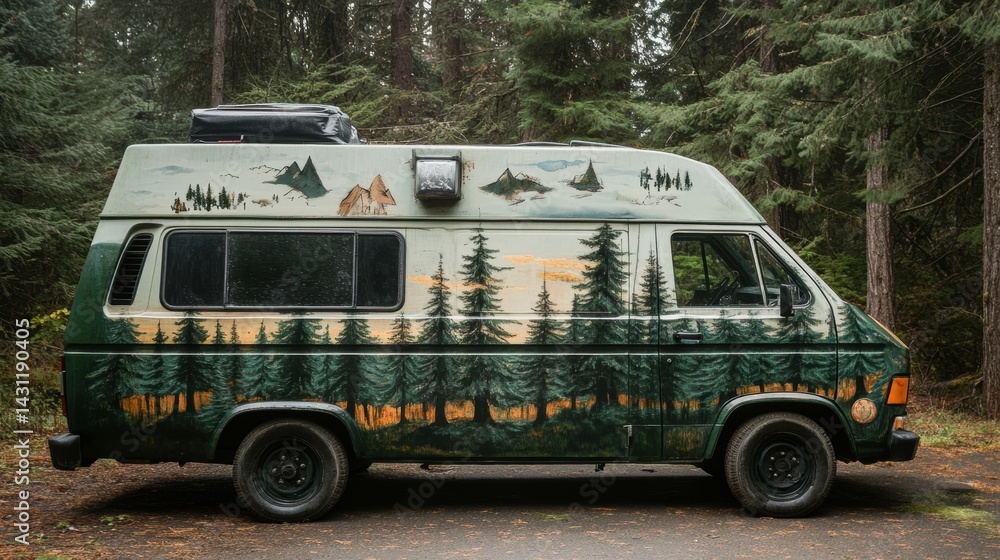 Vintage Van Adorned With Pine Tree Patterns Inviting Adventure in the Great Outdoors Generative AI