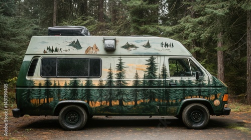 Obraz na płótnie Vintage Van Adorned With Pine Tree Patterns Inviting Adventure in the Great Outdoors Generative AI w salonie