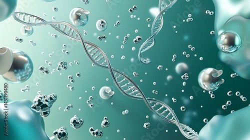 3d render of floating DNA strands protein molecules in a gradient teal and silver abstract space