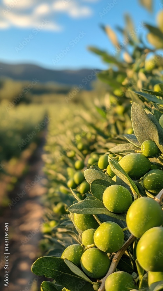 Close-up of ripe green olives in an olive grove under golden sunset light, with shallow depth of field and soft mountain background.