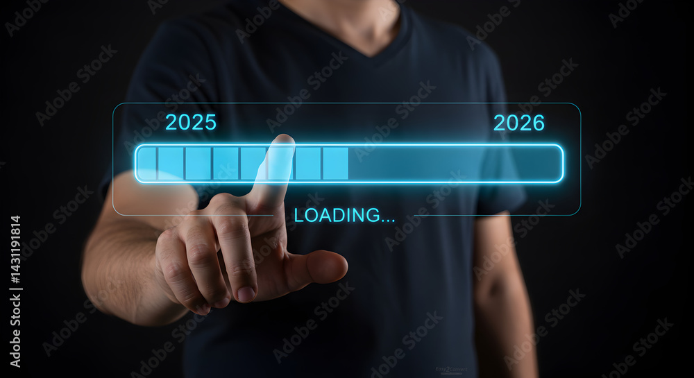 Man touching futuristic loading progress bar transitioning from year 2025 to 2026, symbolizing future technology, new year anticipation, and business planning. Man touching futuristic loading progress bar transitioning from year 2025 to 2026, symbolizing future technology, new year anticipation, and business planning.