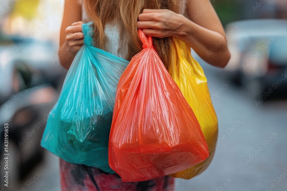 Close-up of a young woman holding three brightly colored plastic bags—blue, orange, and yellow. Urban scene blurred in the background.