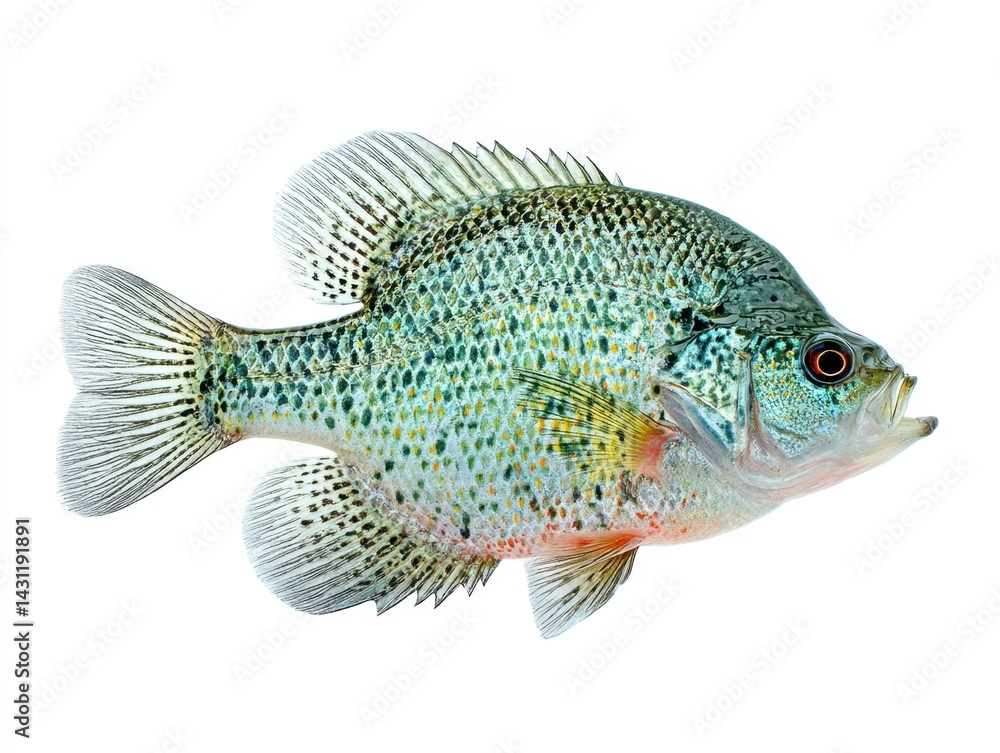 Fototapeta premium Captivating crappie fish portrait showcasing vibrant colors and intricate details against a pristine white backdrop perfect for nature and wildlife photography