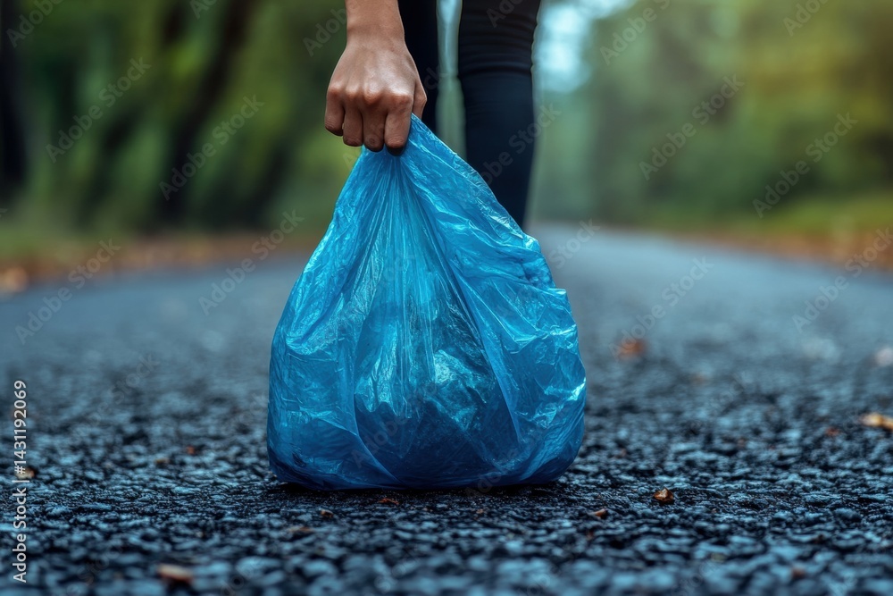 A person holds a blue plastic bag while walking along a road surrounded by nature, symbolizing environmental awareness and clean-up action.
