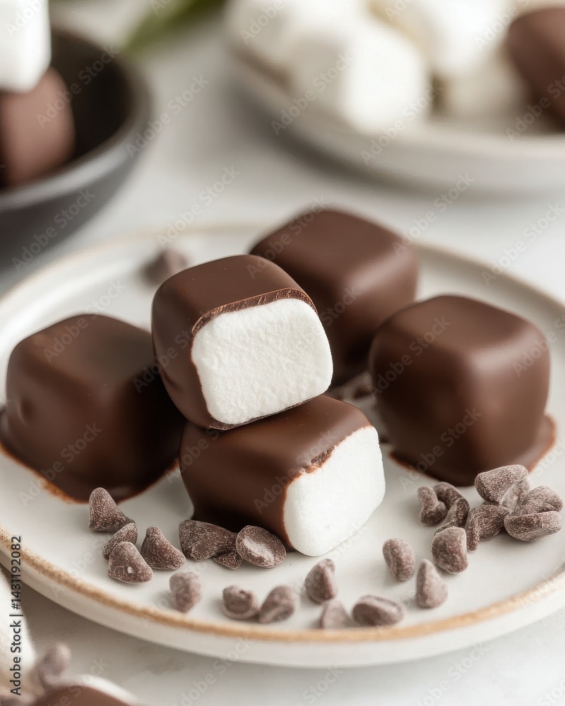 Fototapeta premium Chocolate Coated Marshmallows on Plate with Chocolate Chips