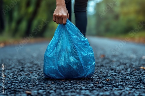 A person holds a blue plastic bag while walking along a road surrounded by nature, symbolizing environmental awareness and clean-up action.