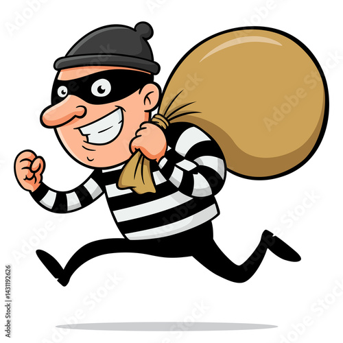 Cartoon Thief Running with Money Bag Isolated on Transparent Background