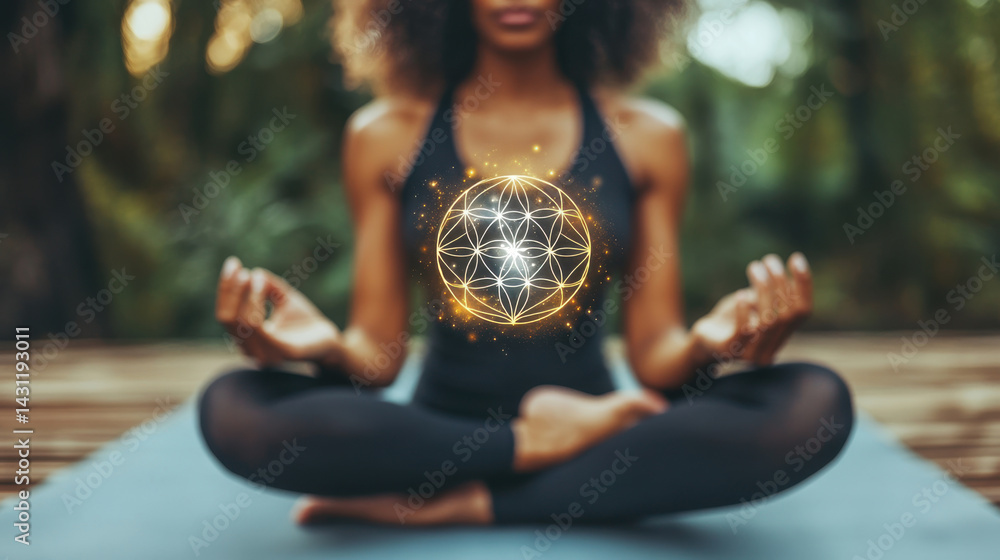 Glowing sacred geometric sphere featuring Flower of Life pattern floats above young Woman meditating in lotus position