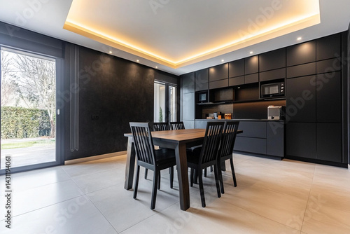 Modern kitchen dining area with dark cabinets wooden table and black chairs featuring recessed lighting and a view of the garden