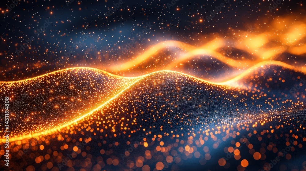 Glowing Waves of Light in a Dark Background with Sparkles and Stars Glowing Waves of Light in a Dark Background with Sparkles and Stars