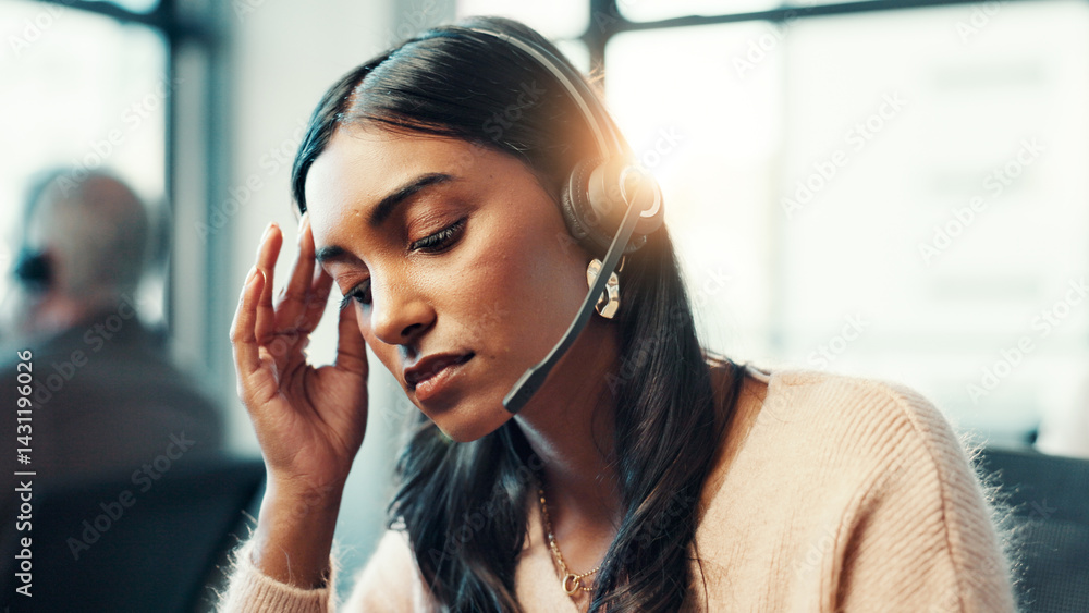 Call center, headache and business woman with stress, fatigue and burnout with customer service complaint. Support agent, tired and consultant with migraine from overwork, mental health and brain fog Call center, headache and business woman with stress, fatigue and burnout with customer service complaint. Support agent, tired and consultant with migraine from overwork, mental health and brain fog