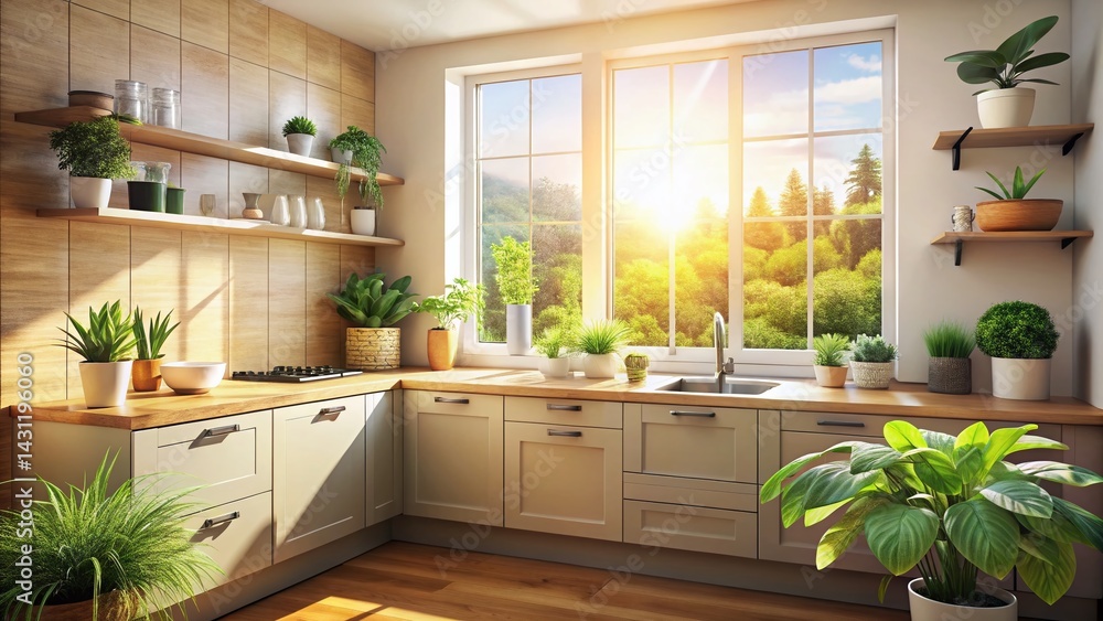Cozy Minimalist Kitchen Corner with Plants Overlooking Suburban View Cozy Minimalist Kitchen Corner with Plants Overlooking Suburban View