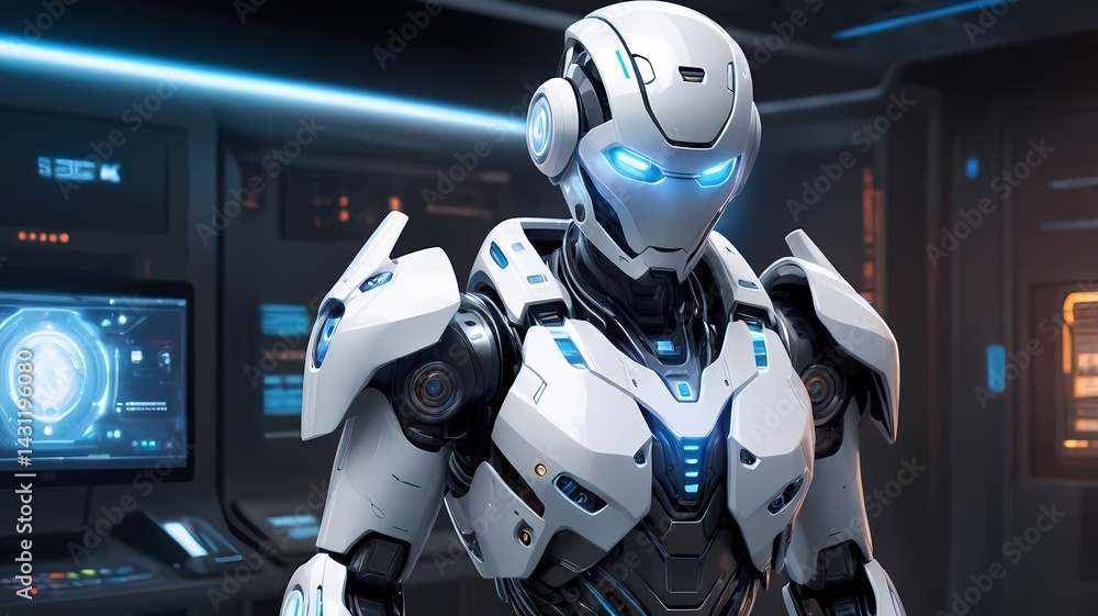 A sleek, high-tech white robot with glowing blue eyes stands confidently in a futuristic control room, representing advanced AI, security, and intelligent robotics. A sleek, high-tech white robot with glowing blue eyes stands confidently in a futuristic control room, representing advanced AI, security, and intelligent robotics.
