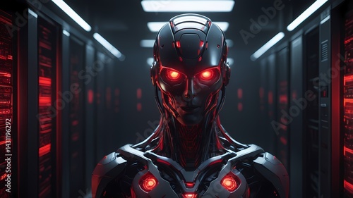 A dark, menacing robot with glowing red eyes stands in a high-tech server room, radiating power and danger. A perfect symbol of rogue AI and cybernetic dominance.