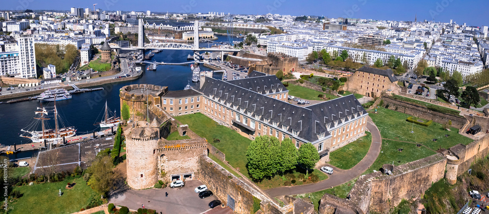 Brest, France. Brittany. aerial drone panoramic view of harbour medieval walls. Brittany's most important maritime cities. view with impressive bridge Pont de Recouvrance
