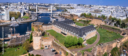 Obraz na płótnie Brest, France. Brittany. aerial drone panoramic view of harbour medieval walls. Brittany's most important maritime cities. view with impressive bridge Pont de Recouvrance w salonie